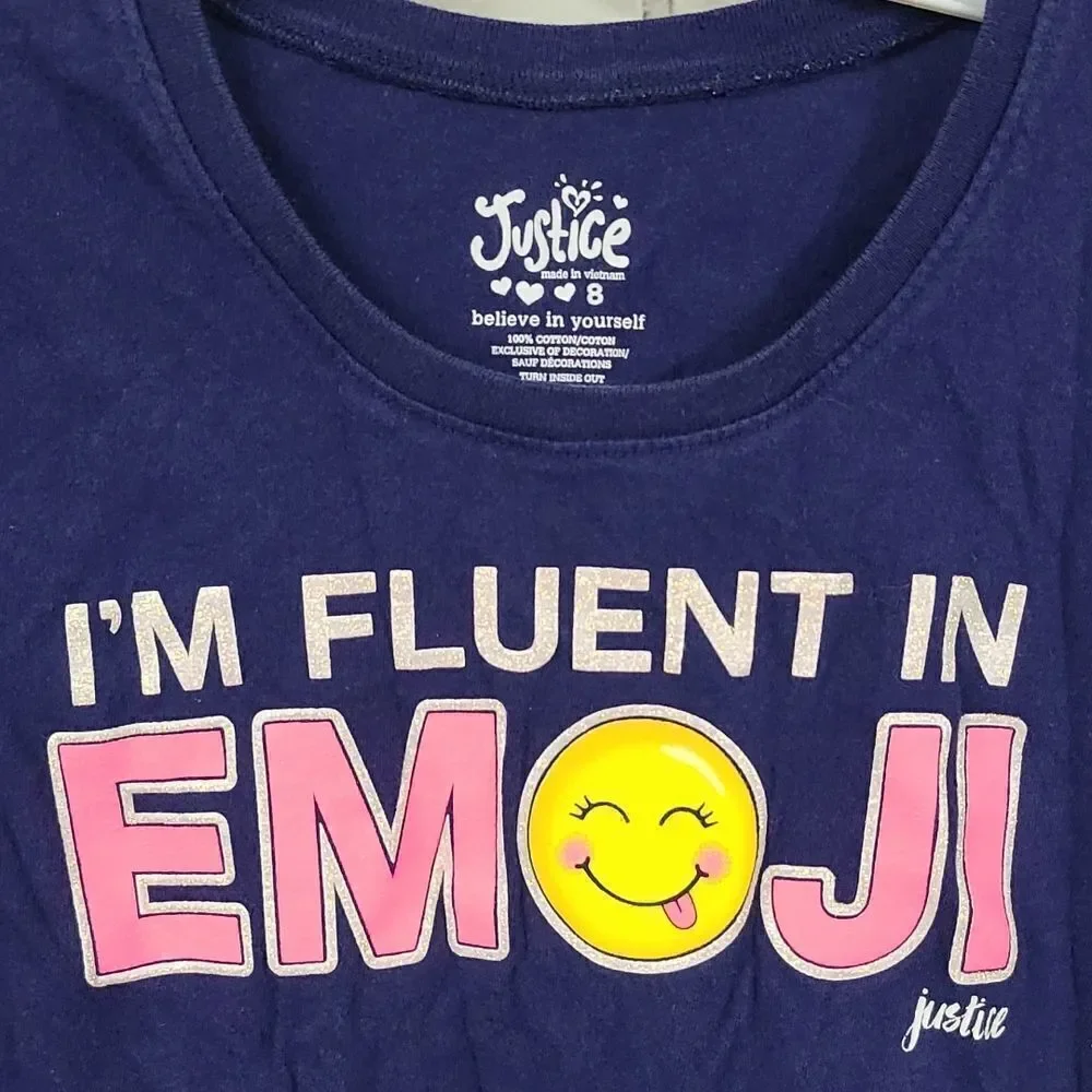 Justice Girls Size 8 I'm Fluent in Emoji Glitter Graphic Tee Navy Blue T-Shirt